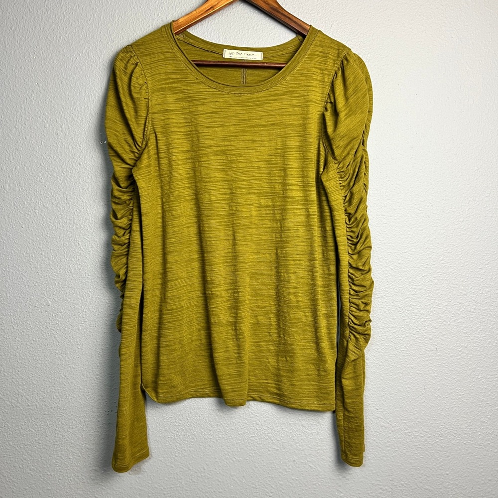 We The Free Natasha Olive Green Ruched‎ Sleeve Ribbed Knit Long Sleeve Top Small